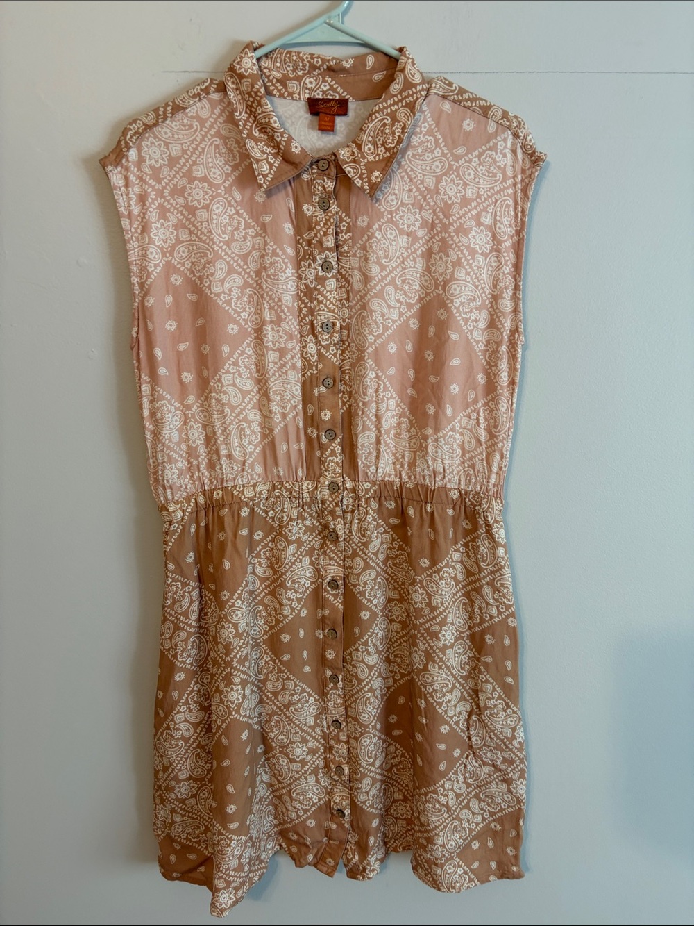Scully Paisley Button-Front Mini Dress in Blush and Tan. Med. 100rayon